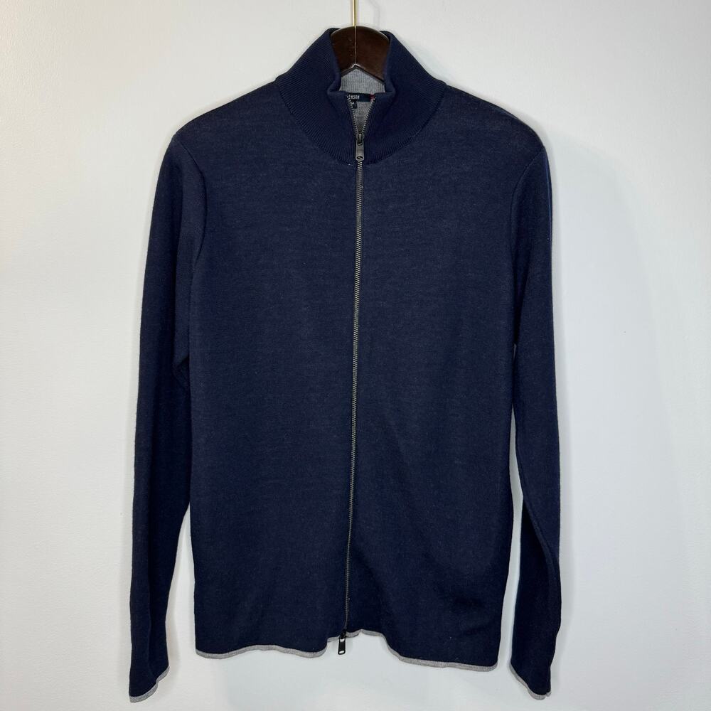 Benson Men's Merino Wool Navy Rib Knit Full Zip Cardigan Sweater Preppy Sz M